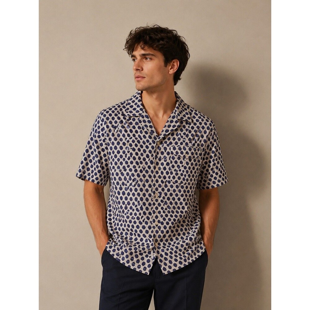 NWT Scotch & Soda Men's Short Sleeve Blue Polka Dot Camp Shirt Size M Preppy